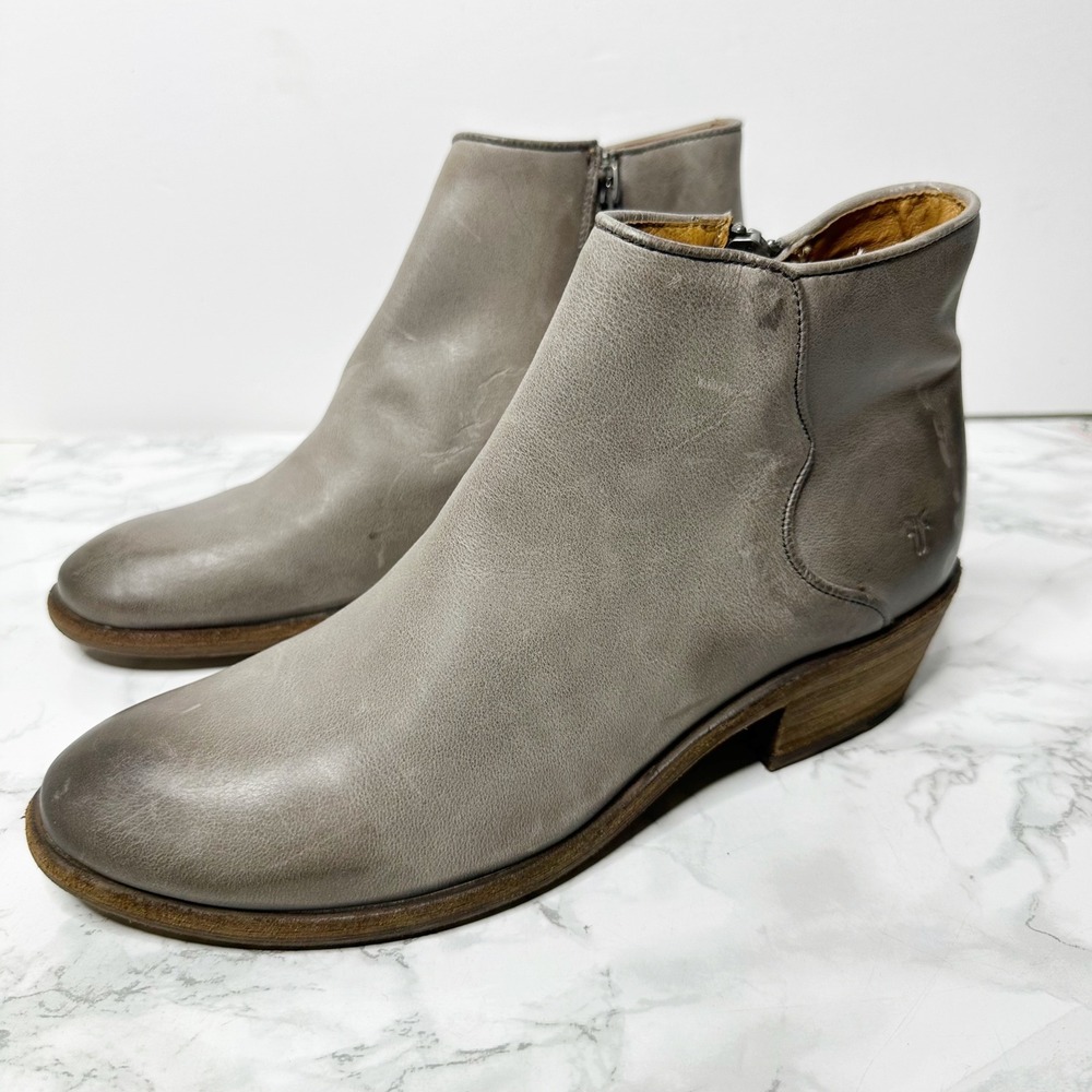 Frye Carson Piping Moto Ankle Booties Women 7.5 Grey Graphite Leather Side Zip